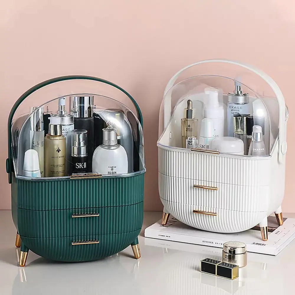 Multi-Function Make Up Case Dustproof Cosmetic Storage Box, Organizer Skin Care Products Jewelry Organizer Finishing Box for Bedroom Bathroom Desktop, White And Green Transparent