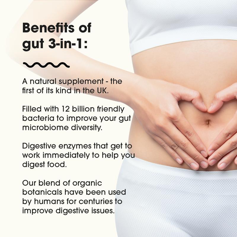 Gut 3-in-1 Supplement. Made For Gut Health & Bloating. 12 Billion Probiotics, 5x Digestive Enzymes & 6x Organic Botanicals. Vegan, Made in the UK, No Fillers Or Bulking Agents, Gluten Free, GMO Free, Dairy Free, Nut Free. Healthcare Dietary 2