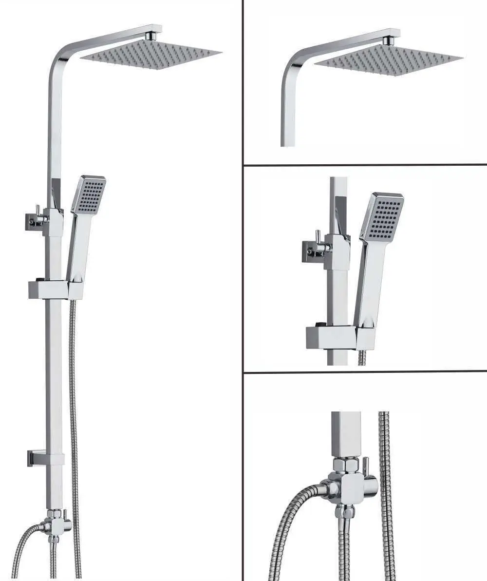 Large Waterfall Chrome Square Dual Shower Head Riser Rail Luxury Bathroom Set