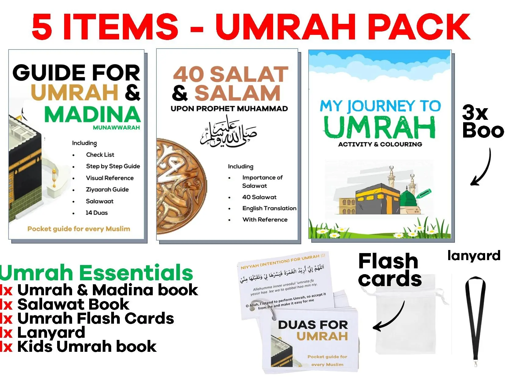 5  Items - umrah guide.  dua flash card. umrah tasbih., Madina Shareef book with KIDS UMRAH BOOK