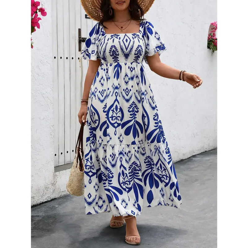 Holidaya Plus Size Women Boho Summer Vacation Style Floral Print Square Collar Ruffle Short Sleeve Long Dress Women Outfit Casual Fabric Womenswear Comfort Bohemian Fitted Chic Feminine Multicolor Shortsleeve 5