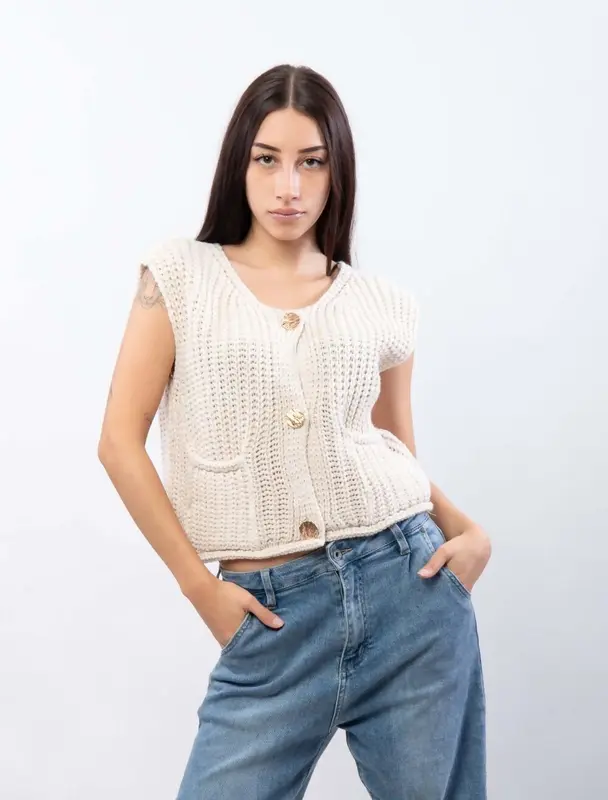 Tesfarz ONE Size(Fits UK 8-12) GOLD BUTTONED WOOL BLEND KNITTED VEST 1