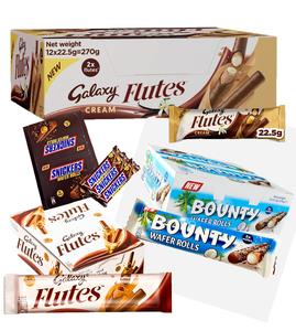 Bulk Box Of Flutes And Wafer Rolls In Either Galaxy Or Bounty Snack Wafer