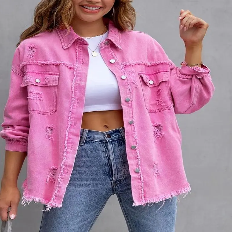 2024 New American Style Solid Color Mid-Length Ripped Long Sleeves Denim Jacket European and American Style Jacket for Women puffer  coat  women