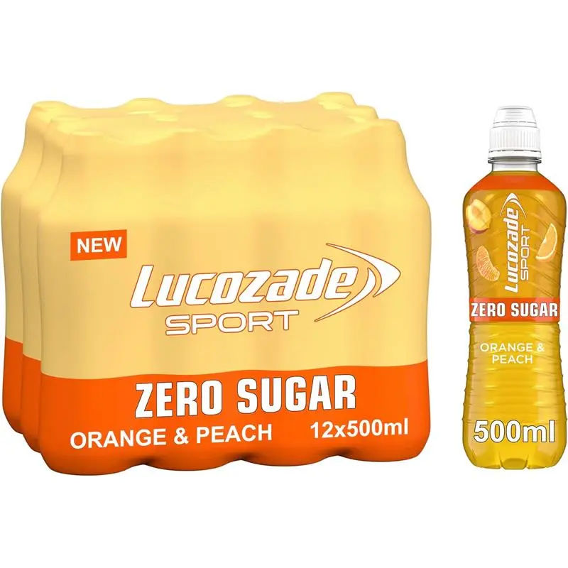 Lucozade Zero Sugar Sports Drink - Orange & Peach 12x500ml | Sugar Free, Electrolytes, Vitamin B3, 4 Calories