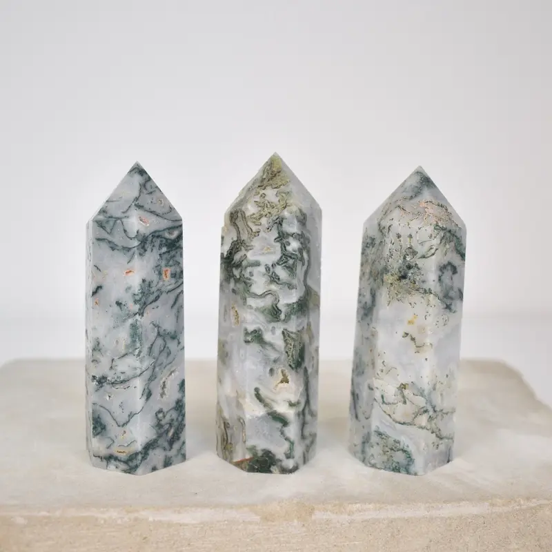 Moss Agate Tower, Green White Druzy Healing Crystal Moss Agate Tower with Quartz 2