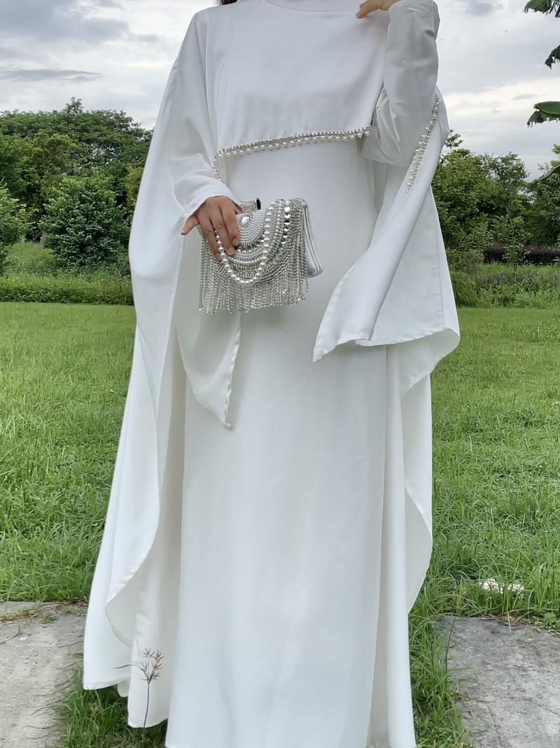 Product Introduction of 2025 Ramadan Promotion Two- piece Satin cape elegant dress , occasion abaya , Modest dress with pearl and crystal 30