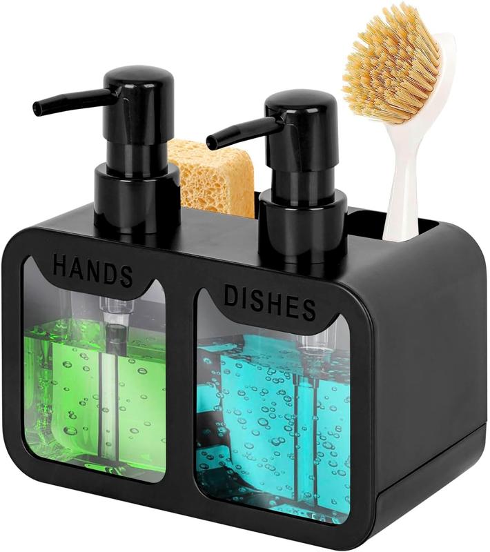 Kitchen Soap Dispenser,Hand and Dish Soap Dispenser and Spong Caddy with Brush Holder,3 in 1 Countertop Organizer for Kitchen Sink(Black) 0