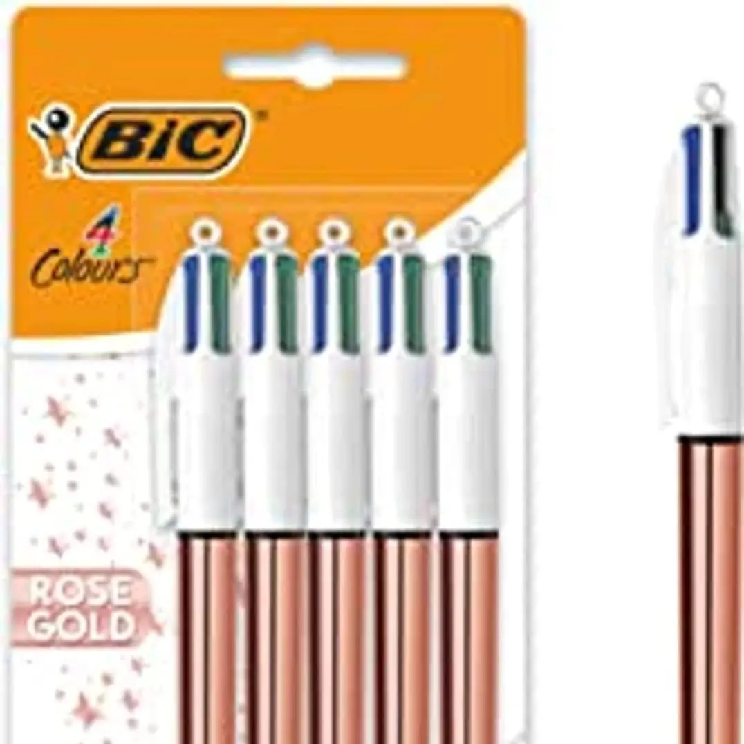 BIC 4 Colours Rose Gold Pen, Multi Coloured Pens All In One, Retractable Ballpoint Pen, 5 Pens Per Pack