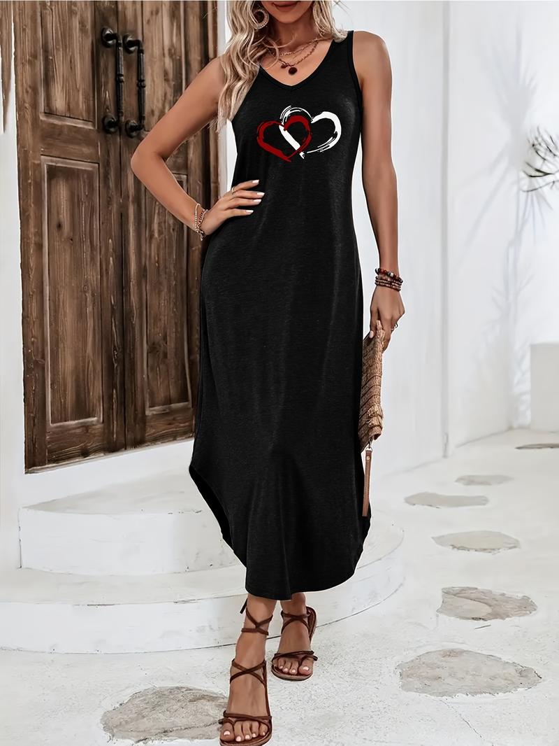 Product Introduction of Women'S Summer Sleeveless V-Neck Dress, Casual Loose Fit Long Dress with Heart Print, Polyester 95% Spandex 5% Knit Fabric, Fashionable Grey Tank Dress for Ladies 2