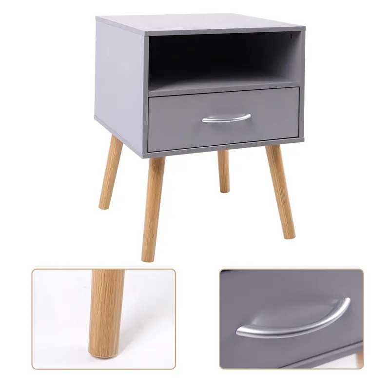 Joolihome Joolihome Wood Bedside Table Set of 2 Cabinet Storage Nightstands 1 Drawer with Metal Handle, 42 x 42 x 56 cm (Grey, 2) 3
