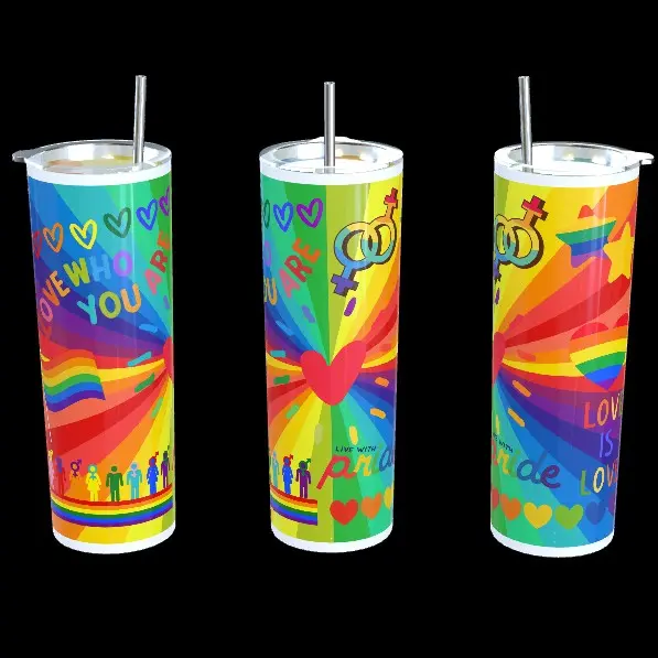 PRIDE LGBTQ 20oz Drinks Tumbler. For Hot + Cold Drinks. With Metal Straw. Drinkware, Flask, Water Bottle, Stainless Steel Vacuum Insulated Double Walled Cup.