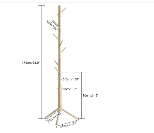 Coat Rack Freestanding, Wooden Coat Rack with 8 Hooks, Adjustable Hall Tree for Entryway, Living Room, Hallway, Bedroom, Coat Hanger for Hat, Handbag, Clothes, Purse, Umbrella, Natural, HCR001N 1