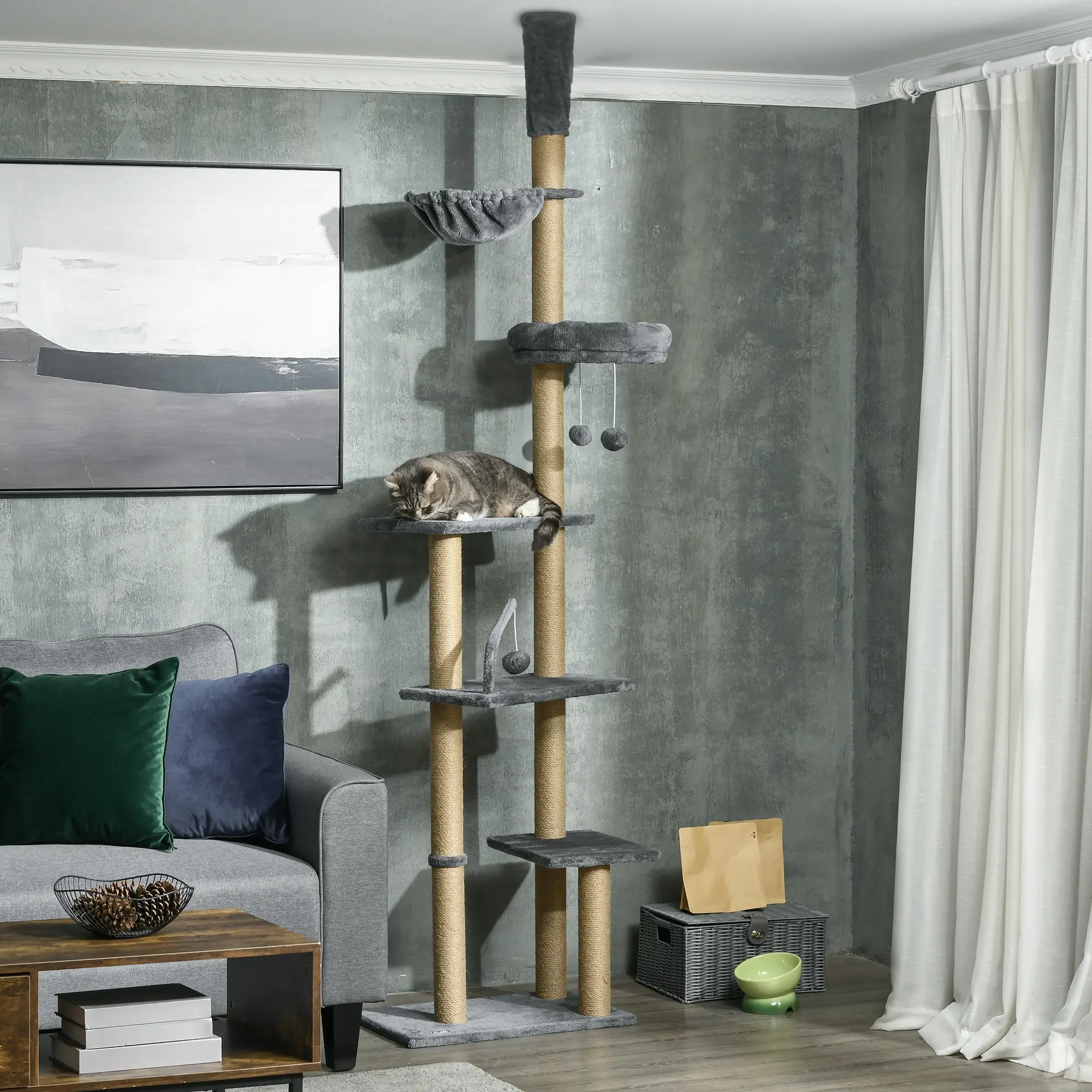 Grey Floor-to-Ceiling Cat Climbing Tree for Pets