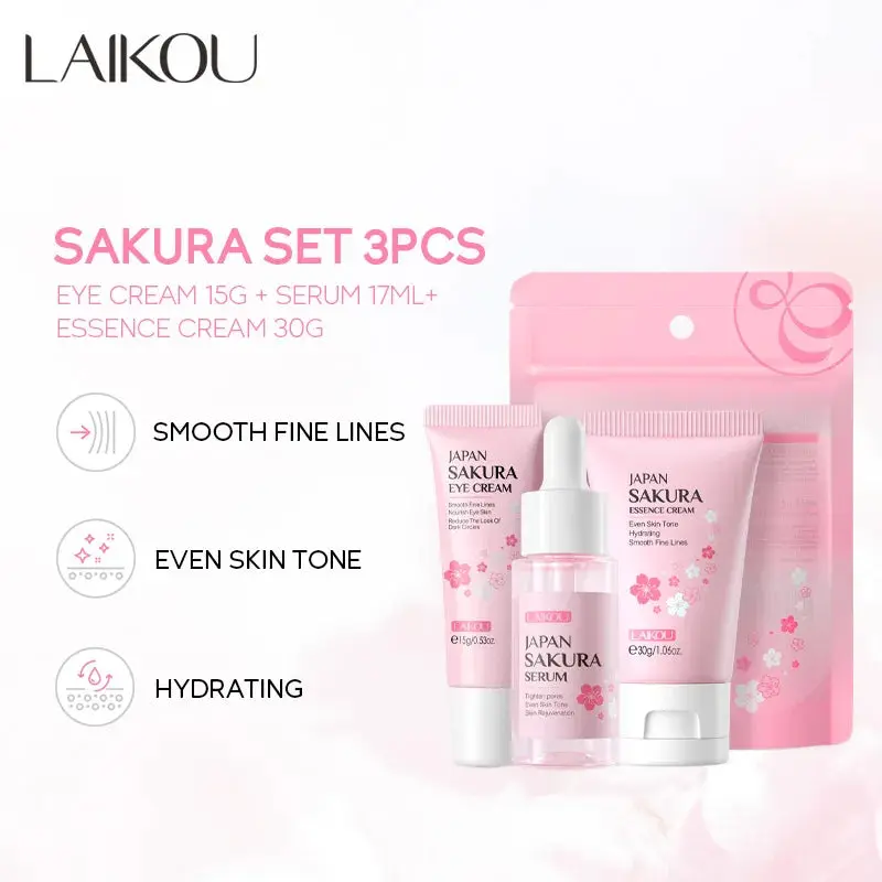 LAIKOU Vitamin C 24K Golden Sakura Skin Care Sets Face Cream Serum Eye Cream Moisturizing Face Care Kit 3