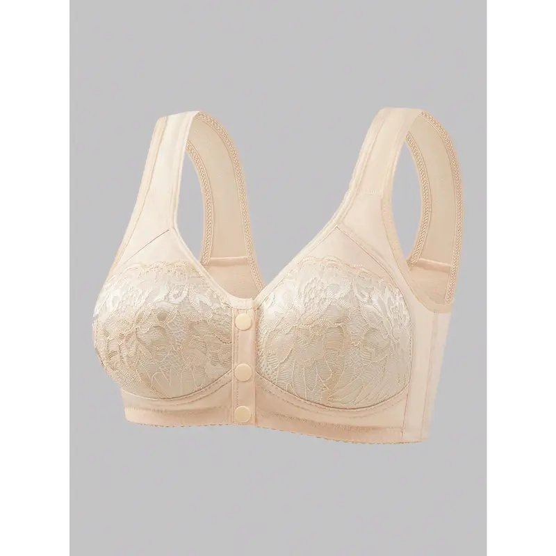 3pcs Set Front Button Closure Wireless Bra, Comfortable & Breathable Ladies Lingerie Lace Womenswear Comfy Basic Minimalist 3