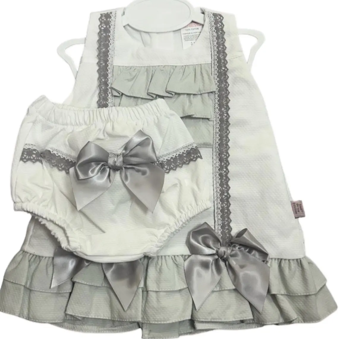Baby girl Frilly dress with matching bloomers  White&grey
