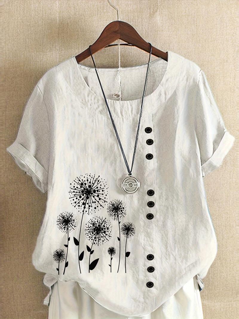 Product Introduction of Women's Plus Size Casual Loose-Fit Blend Blouse with Floral Print, Short Sleeve, Round Neck, and Faux Button Details - Soft Green Fabric, Machine Washable, Blouse Shirts Top 2