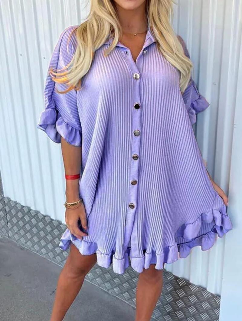 Product Introduction of Women’s Ladies Gold Button Pleated Frill Summer Shirt Swing Mini Dress Viral TikTok Top Casual Fabric 18