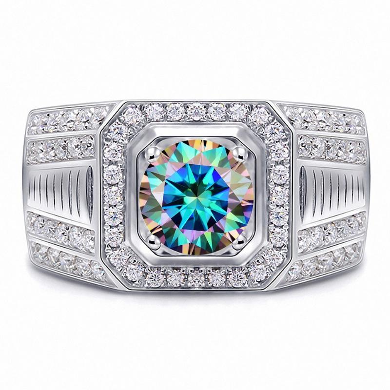 Right Hand Moissanite Full Diamond Colorful Four Claw Men's Ring 9251