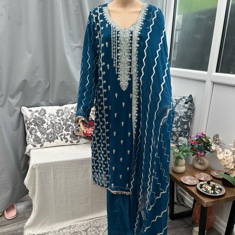 BC Eid collection- 3 Piece Floral Embroidered Chiffon Suit with matching trousers and dupatta 0