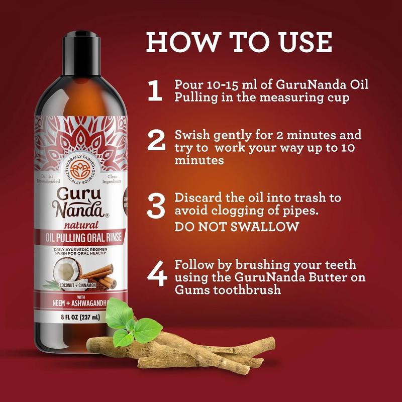 GURUNANDA COCONUT & CINNAMON OIL PULLING WITH NEEM & ASHWAGANDHA - 8 FL OZ (INCLUDES FREE TONGUE SCRAPER AND TOOTHBRUSH) 2