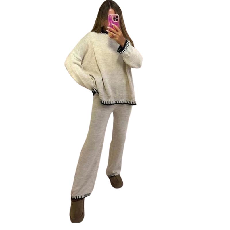 Ladies Knitted Stitched Wide Leg 2PCS Co-ord Suit Sweater Loungewear Set Casual Womenswear Overalls Comfort Long Sleeve Basic Clothing Minimalist 2