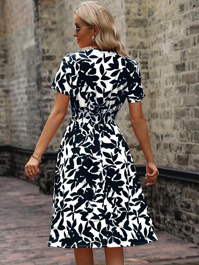 Product Introduction of Floral Wrap Neck Dress, Elegant Short Sleeve Dress For Spring & Summer, Women's Clothing 6