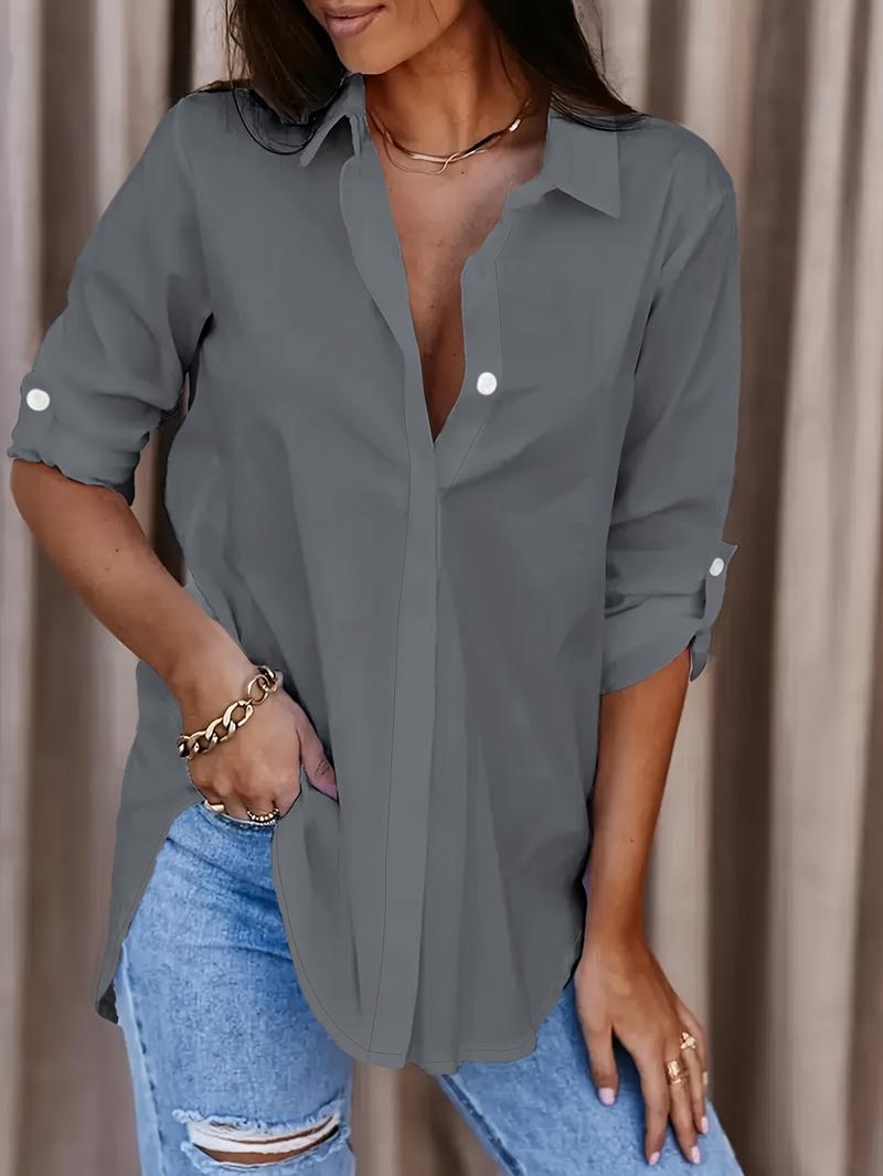 Product Introduction of Solid Button Front Shirt, Casual Turn Down Collar Office Work Shirt, Women's Clothing 9