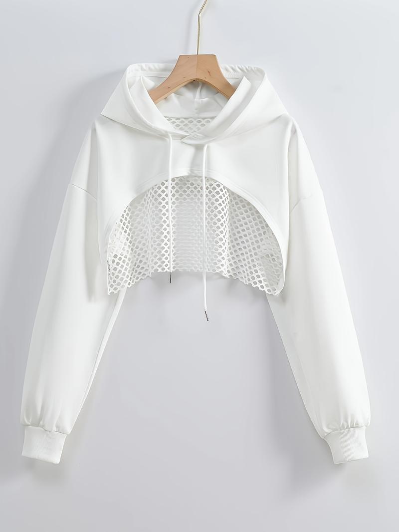Product Introduction of Women's Chic Solid Color Hoodie with Mesh Panel Detail - Casual Long Sleeve, Polyester Crop Top for Spring/Summer/Fall - Stylish & Comfortable Pullover with Drawstring Hood, Oversized Hoodie 0