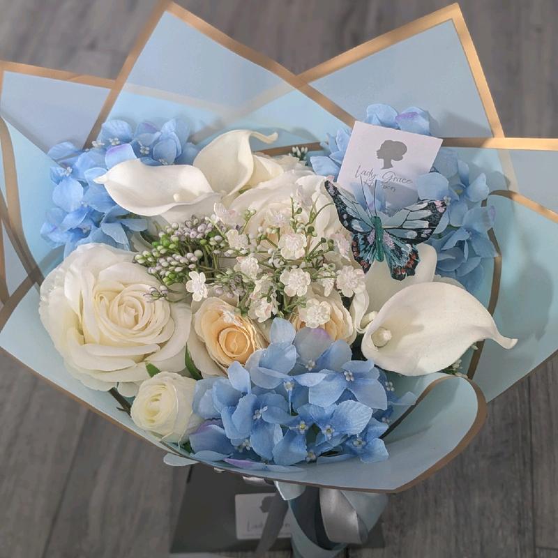 Blue Silk Flowers Handtied Bouquet Gift 5