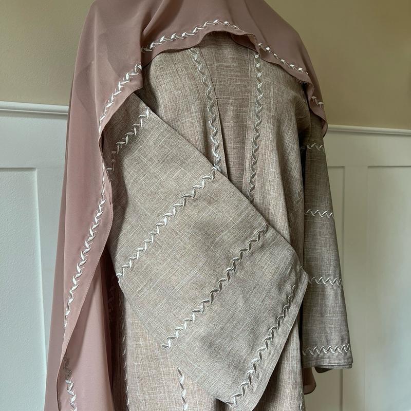 Nude embroidery abaya, embroidery scarf. 3 piece. Half sleeved/full maxi length inner slip. embroidered abaya 3