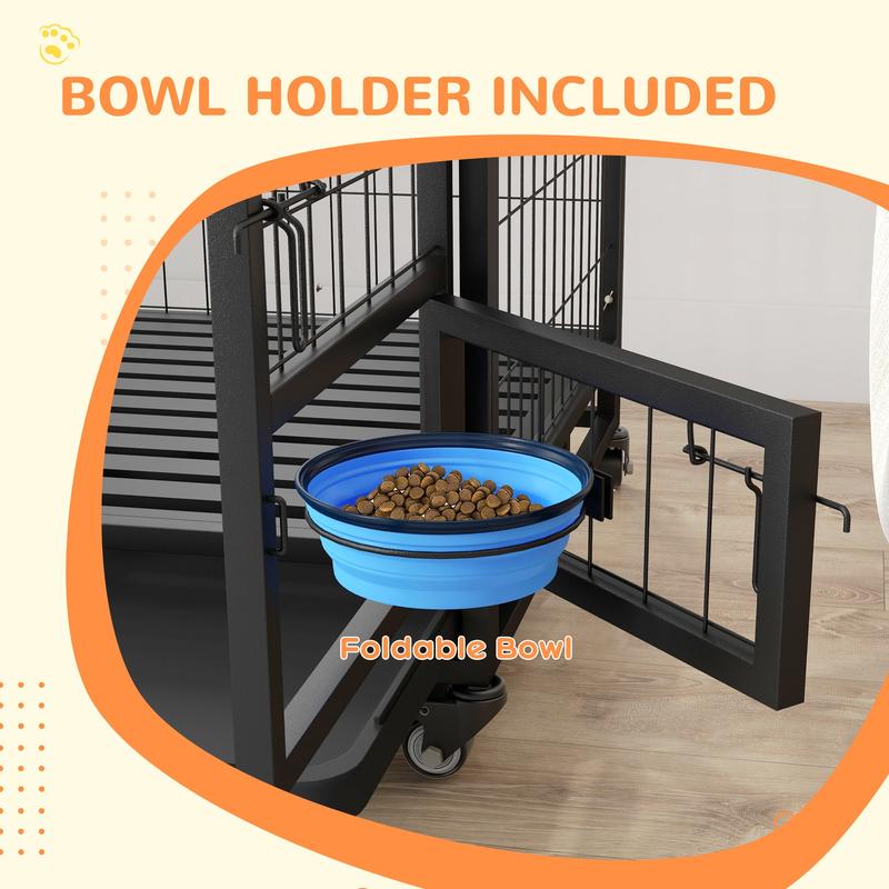 PawHut Heavy Duty Dog Crate on Wheels w/ Bowl Holder, Removable Tray, Openable Top, Detachable Door, for L, XL Dogs 4