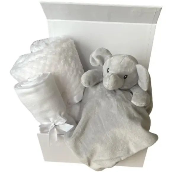 New Baby Hamper gift Unisex set Baby Blanket White Elephant Comforter Muslin Cloth - Gender Reveal Gift 7