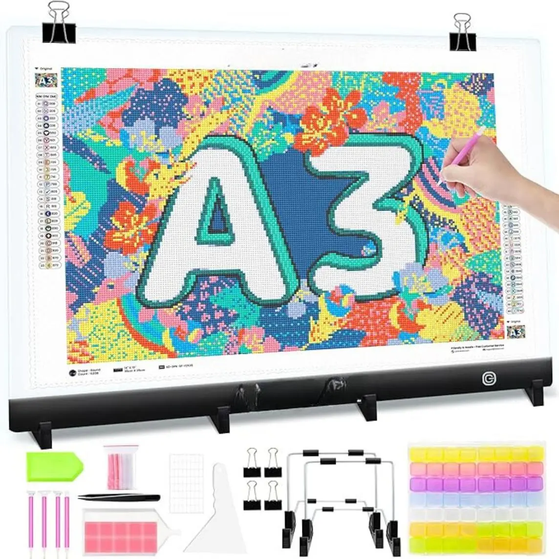 A3 LED Light Pad for Diamond Art Kits Adults，Diamond Painting Light Board, Adjustable Brightness Light Box Drawing Board with Diamond Art Accessories Tools for Tracing(31 x 42cm)