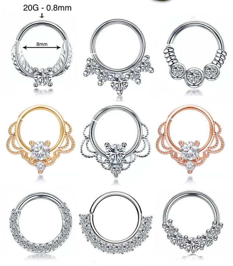 Product Introduction of Daith Septum Piercing Nose Ear Ring 8mm Hoop Rhinestone Zircon Gemstone 18G 1mm Gauge Silver Clear Crystal 20