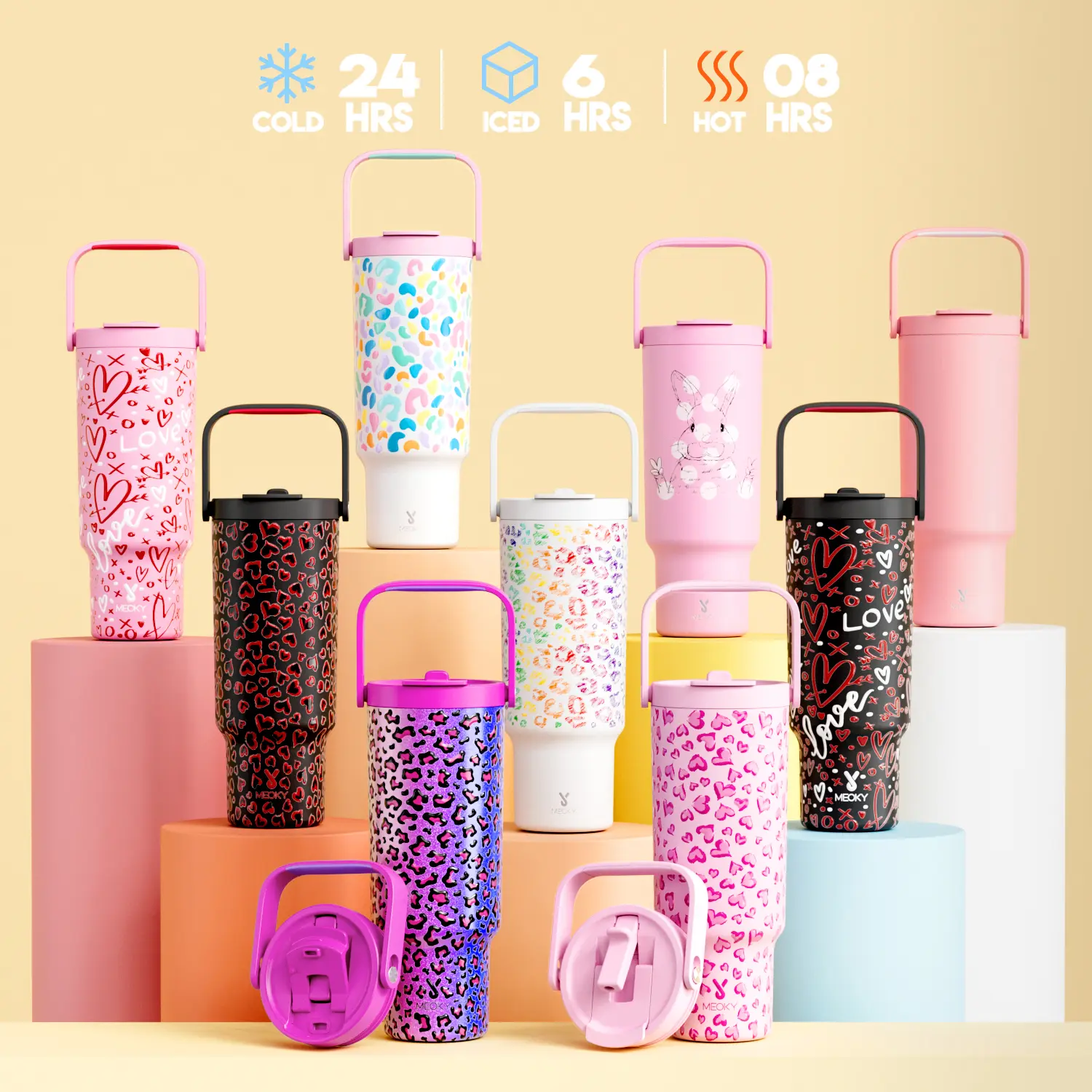 [Clearance items today 2024]Reusable Large-capacity Handle Cup,Replaceable Handle, Non-slip Base Coaster. Keeps Cold for 24 Hours and Warm for 8 Hours, Suitable for Outdoor Sports, Office Leisure, Birthday Gifts,  Christmas Gift