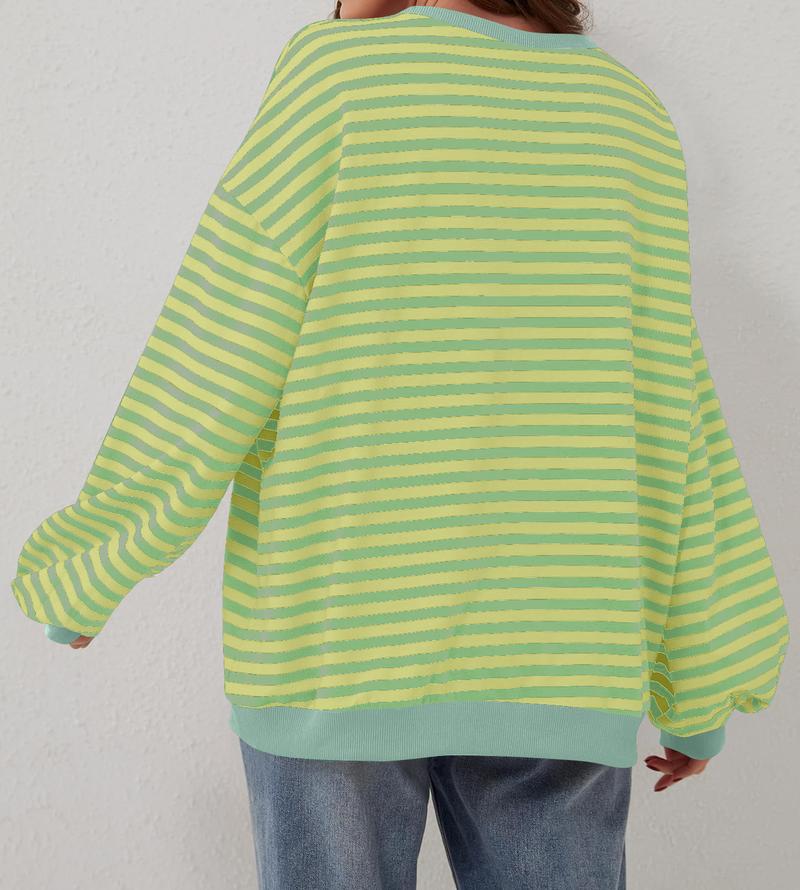 Product Introduction of Women's Colorblock Striped Print Contrast Binding Drop Shoulder Sweatshirt, Casual Long Sleeve Round Neck Pullover for Fall & Winter, Ladies Clothes for Daily Wear, Tops for Women Womenswear Hoodie Bridal Comfort Crewneck Baggy Loose 8