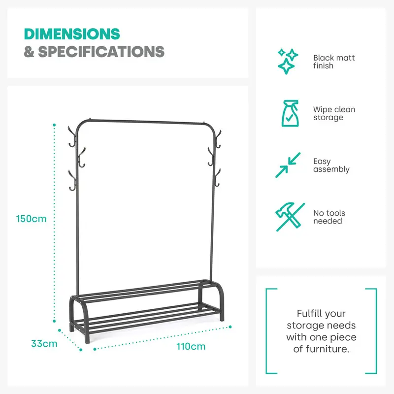 Clothes Storage Rail with Hooks & Shoe Rack - Black 7