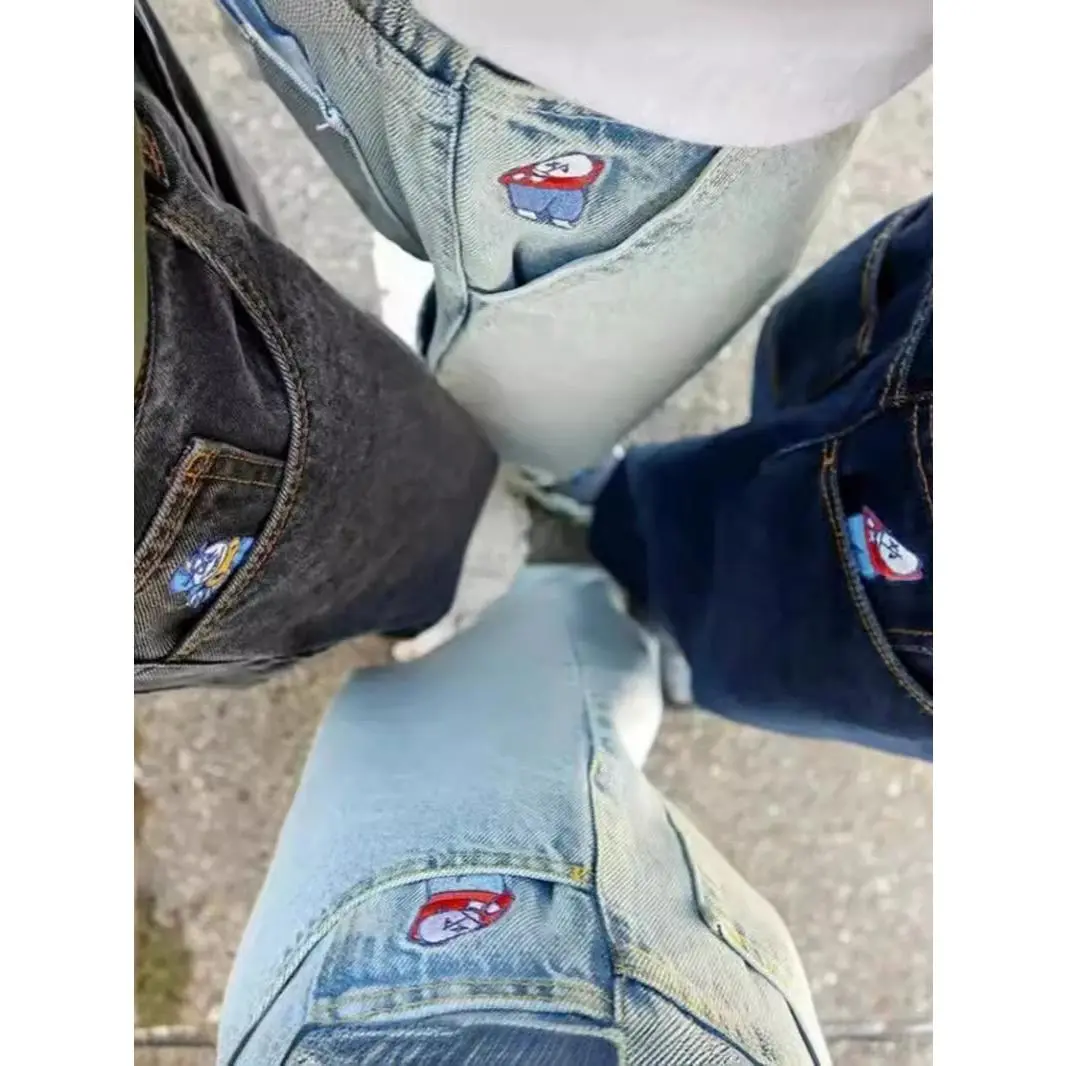 Y2K Pants Hip Hop Cartoon Streetwear Polar Big Boy Jeans Embroidery Retro Blue Baggy Jeans Mens Womens High Waist Wide Trouser