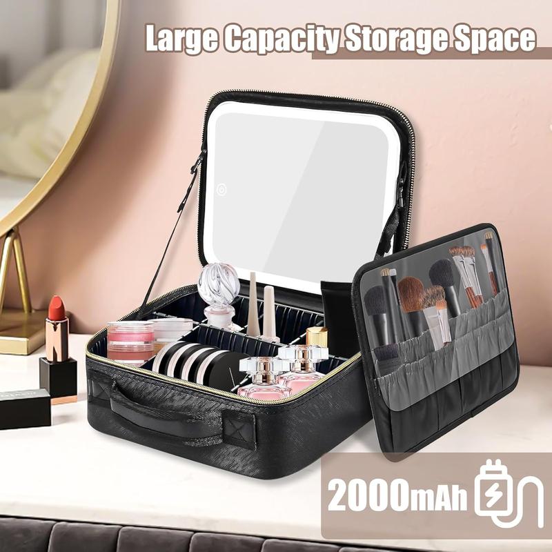 GleamVue Travel Makeup Bag with LED Mirror - Christmas Gift for Women - Suitable for Travel - Detachable Vanity Mirror with Lights - Tri-light Dimmable, Makeup Case with Adjustable Dividers and Brush Holder - Cosmetic Organizer Storage Box 4