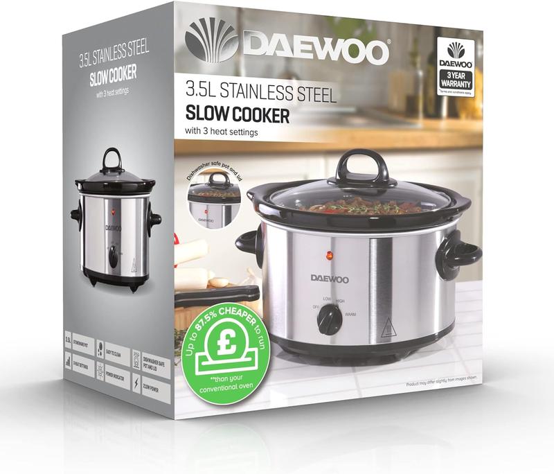 Daewoo Stainless Steel Slow Cooker With 3 Heat Settings And Power Indicator, Dishwasher Safe and Carry Handles With Raised Feet, Easy Clean, 3.5-Litres 3