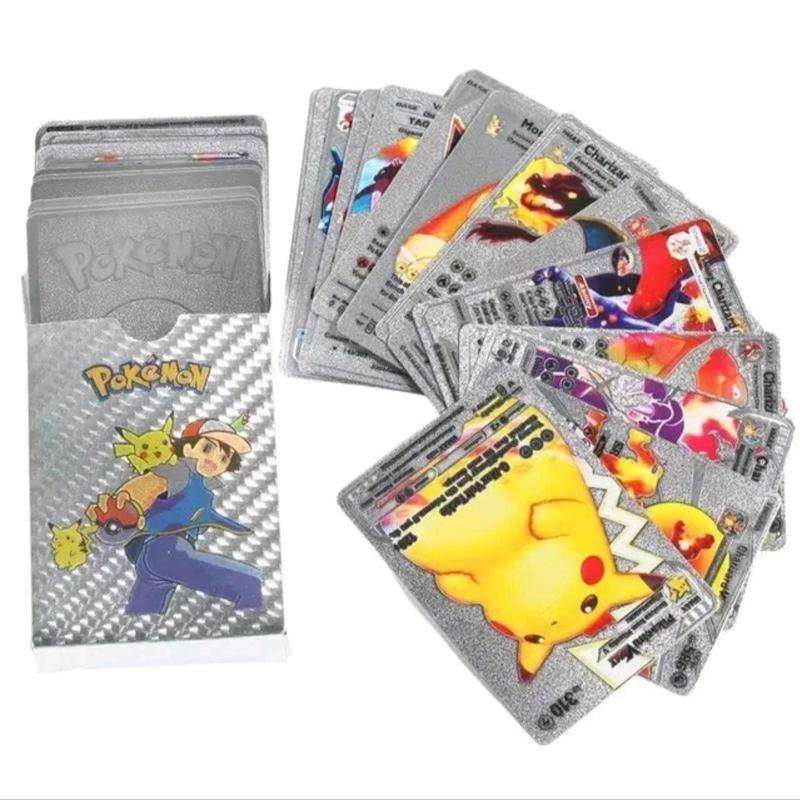 Pokemon Silver Foil Cards -  Pack Of 55 Pcs TCG Deck Gold Foil Assorted Card Educational Gift Set Boys Girls Multicoloured Musical Game 0