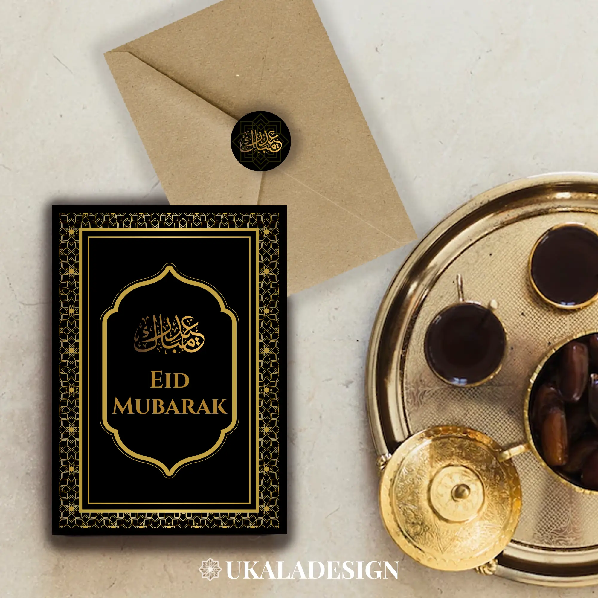 Eid Mubarak Card - Black, A6 Size, with Matching Envelope and Stickers