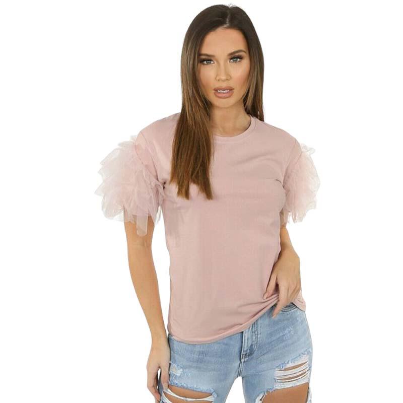 Womens Ladies Tulle Scoop Neck Frill Mesh Puff Short Sleeve Party Tee TShirt Top 3