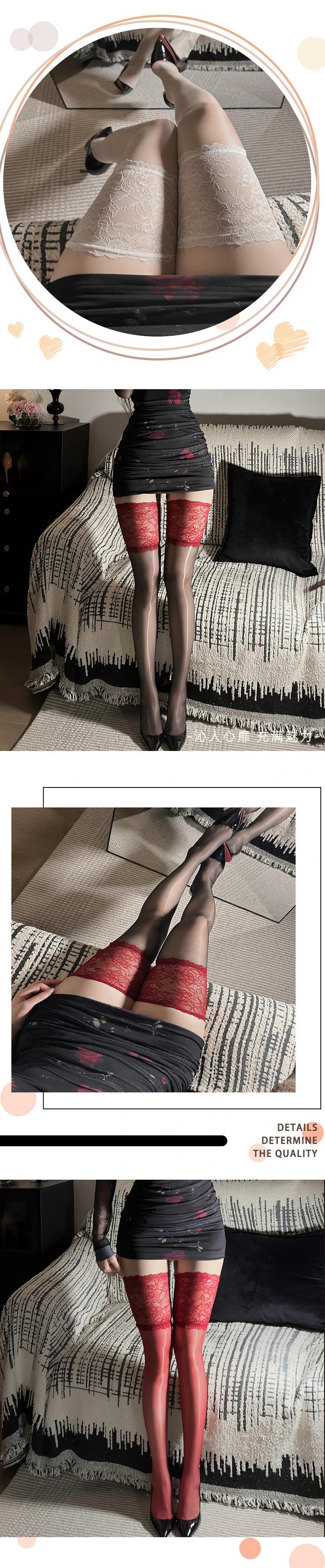 Product Introduction of Sexy Lace and Horse Oil Thigh High Socks Woman Red Gray Black Skin Color Stockings Club Internet Celebrity Medias Transparent Nylon Womenswear 9
