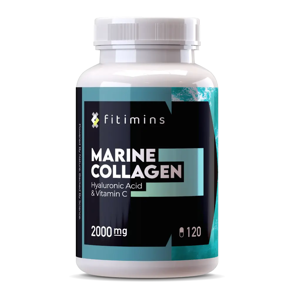 Fitimins 2000mg Marine Collagen Capsules w/ Hyaluronic Acid & Vitamin C - 120 ct - for Hair, Skin, & Joints - Made in UK - Fitness Healthcare Dietary  Edible Natural Nail Healthy bone health gmo free Beauty Optimum energy supplement Bathroom