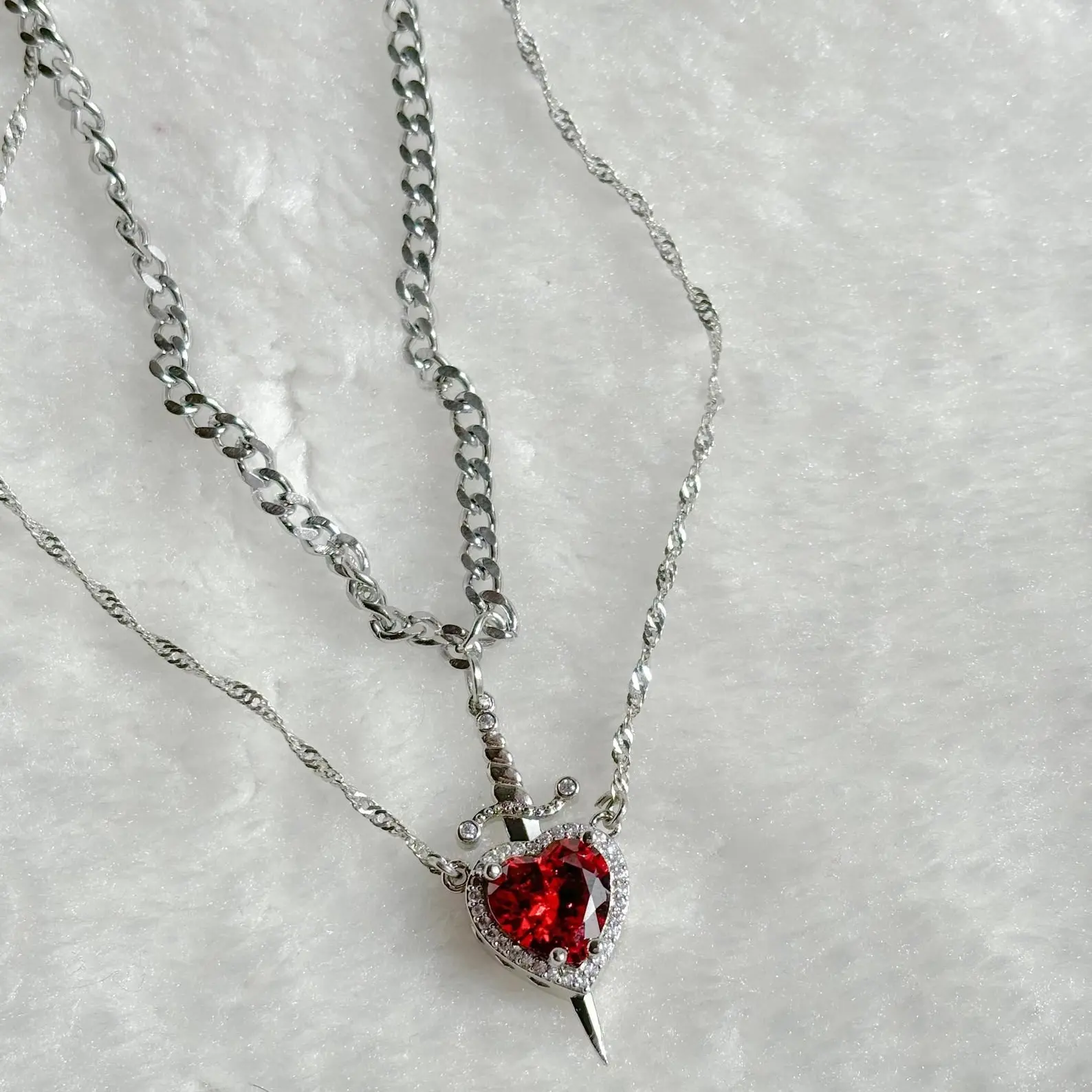 Heart and Sword Necklace Set, Red Heart Crystal Fashion Accessory chain, gem, rhinestone necklace, jewellery heart  heart shaped pendant, Valentine’s Day Gift & daily wear, jewellery couple, gothic gold plated, unique jewelry