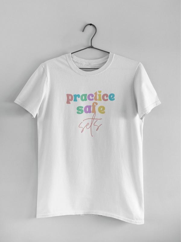 Practice Safe Sets Funny Gym Shirt, Custom Unisex T Shirt, Fun Unique Gift, Running Shirt, Gym TShirt, Graphic Tees, Menswear Womenswear Design Cotton Fabric Casual Top Relaxed Fit Breathable Hem 6