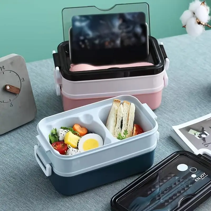 1pc Plastic Double-layer Lunch Box With Cutlery, Microwave Oven Bento Box, Leakproof Food Container, For Back To School, School Supplies And Classroom, For Camping And Picnic, Home Kitchen Supplies 8